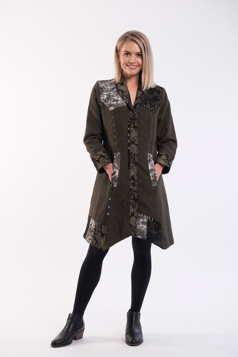 Orientique kabát Coat Asymetric Hem Olive
