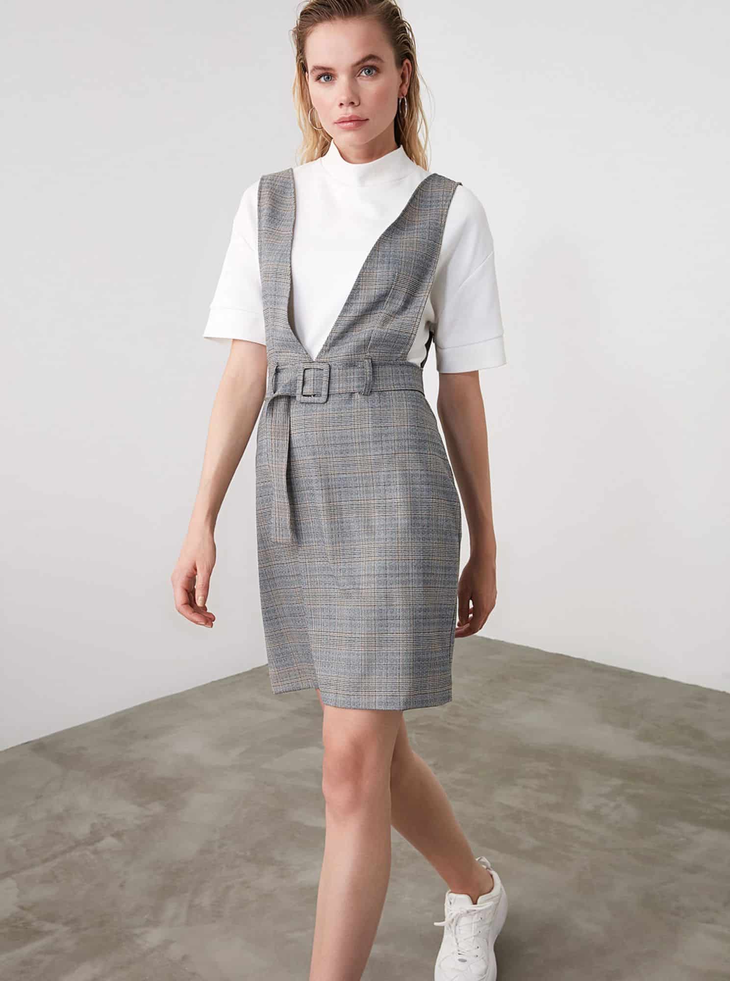 Šedé kostkované šaty Trendyol