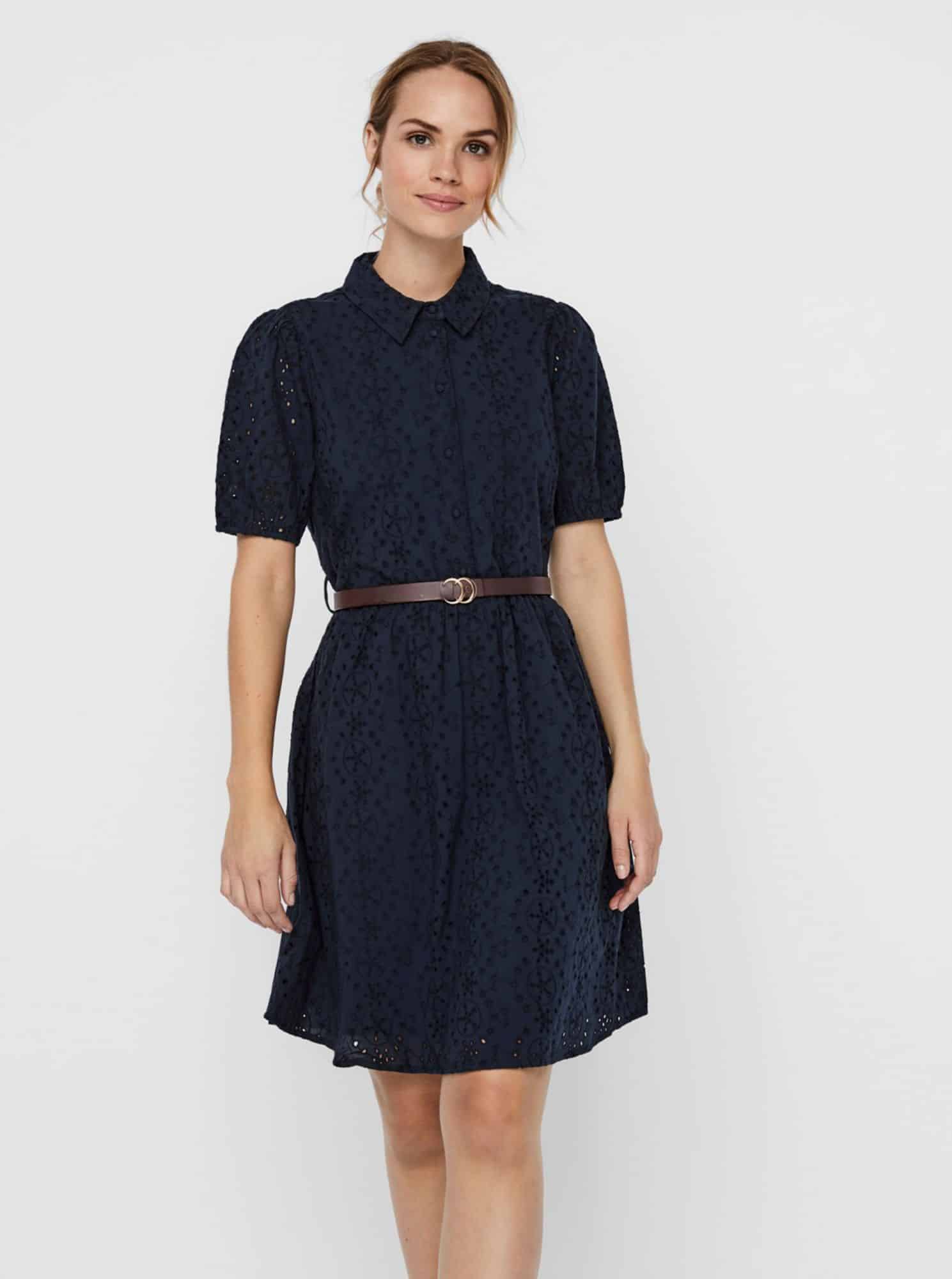 Tmavě modré košilové šaty s madeirou VERO MODA Ellie