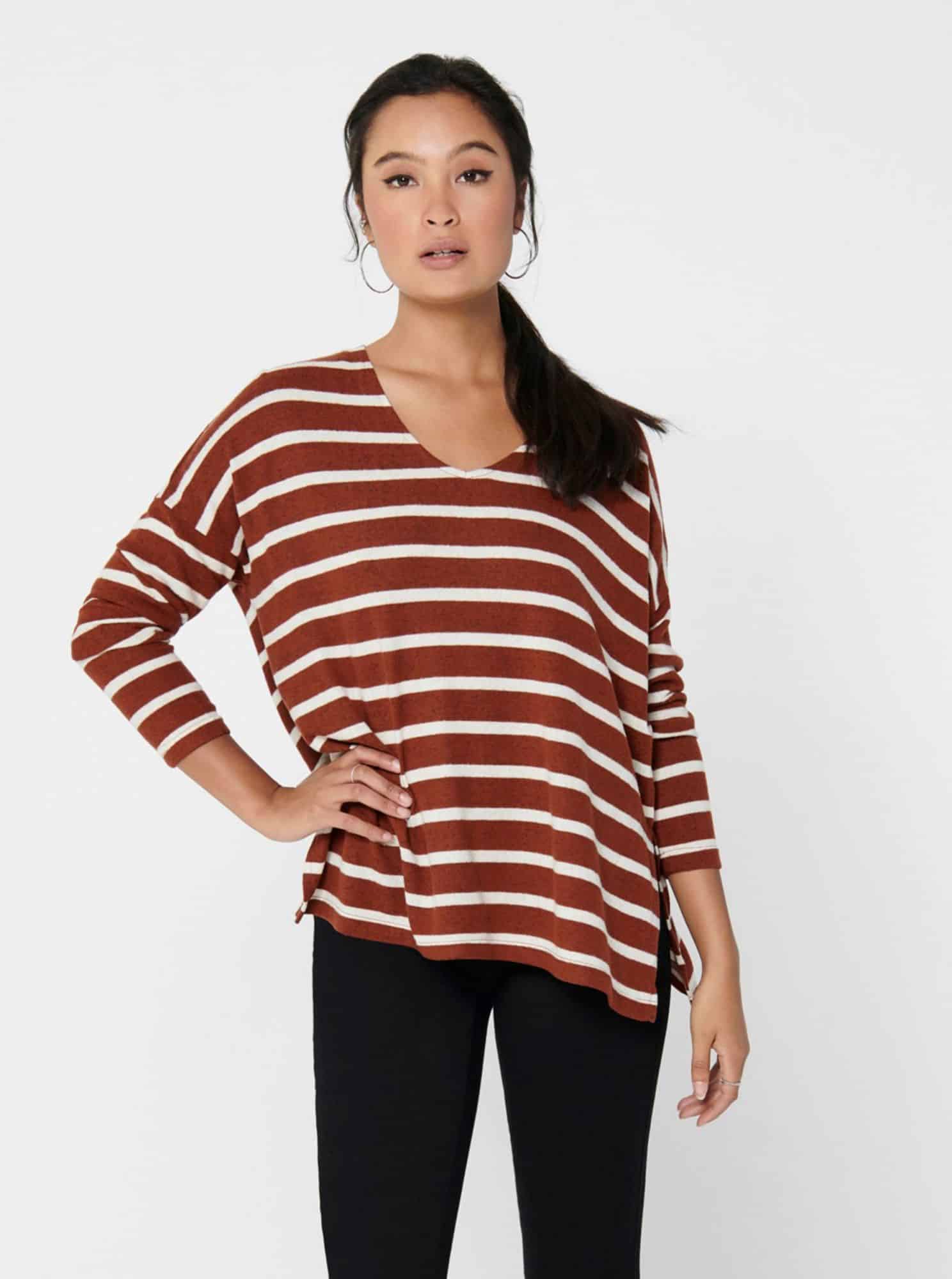 Bílo-hnědý pruhovaný basic svetr ONLY Mayea