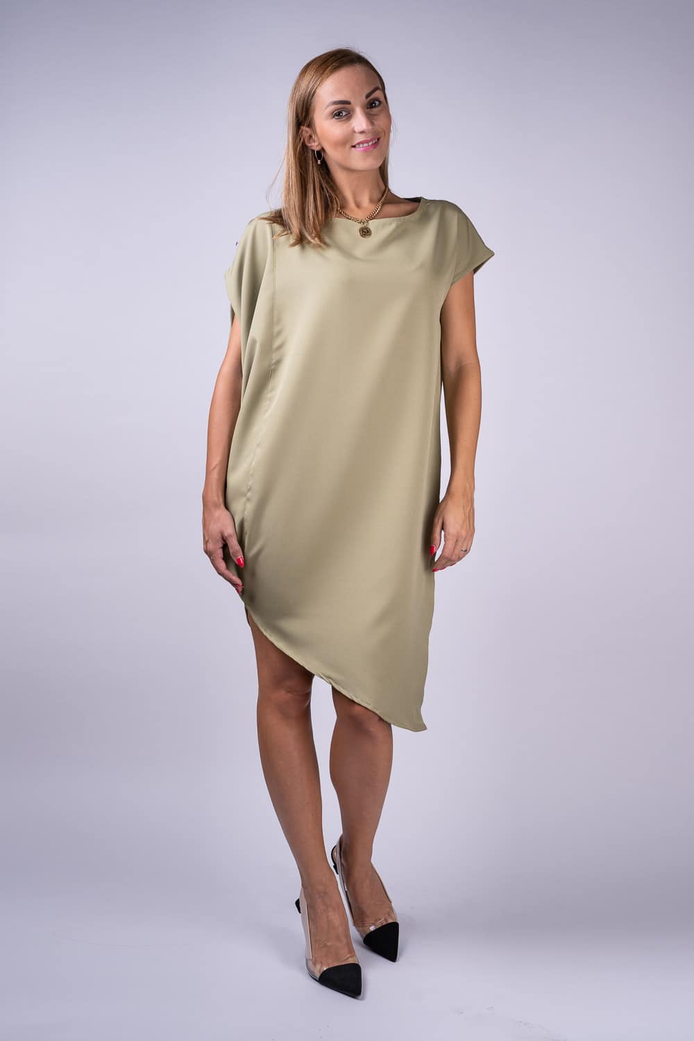 Simpo khaki asymetrické šaty Storm bez pásku