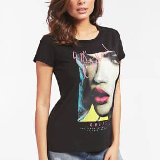 Guess černé tričko Frontale Glitter s potiskem