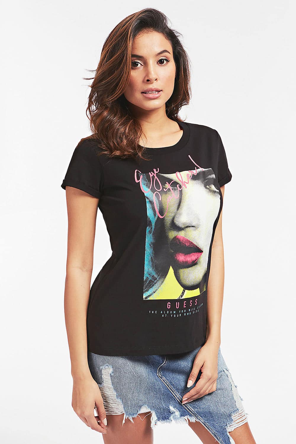 Guess černé tričko Frontale Glitter s potiskem