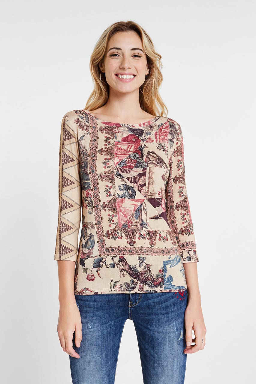 Desigual béžové tričko TS Arlés s barevnými motivy