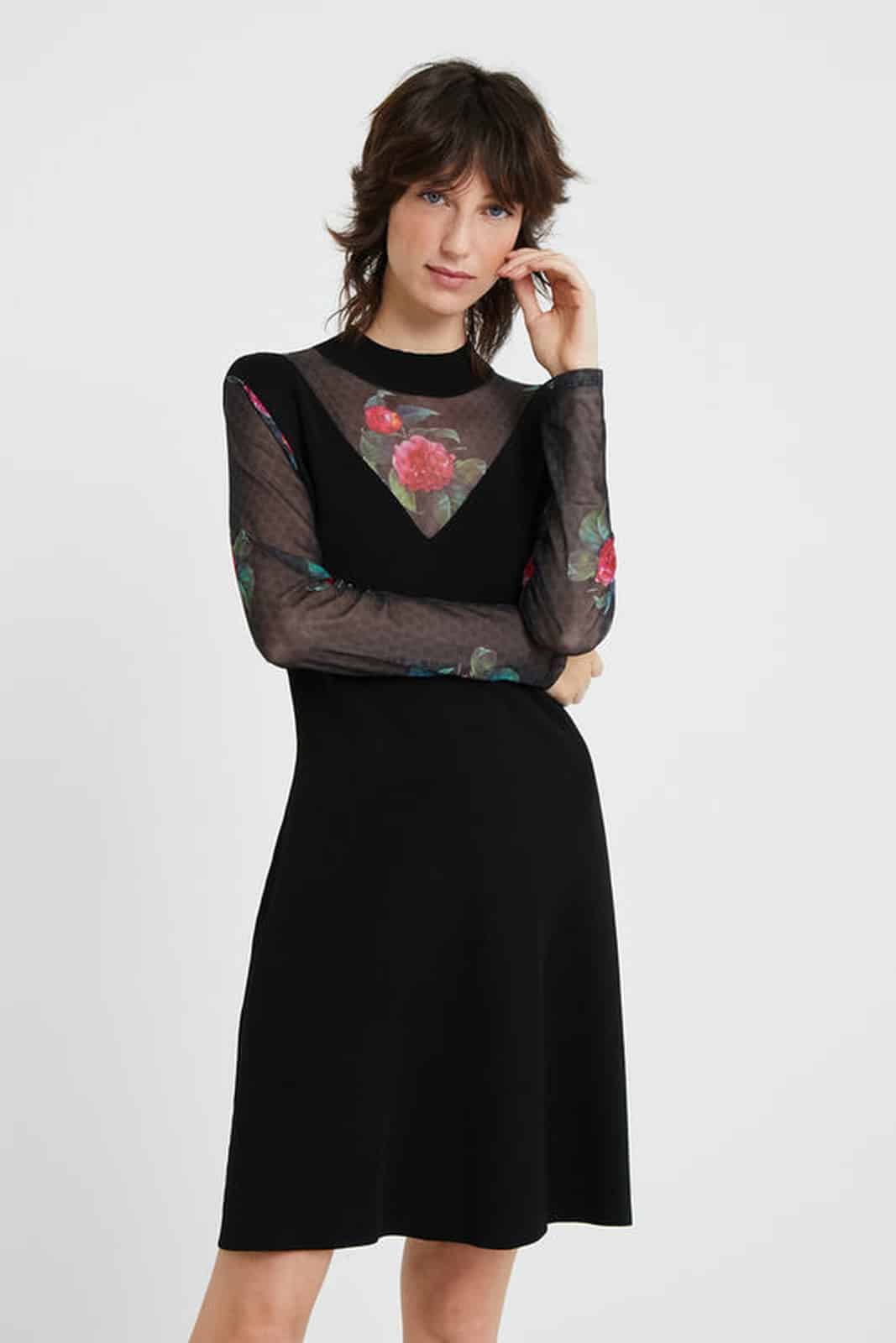 Desigual černé šaty Vest Tokio s transparentními rukávy