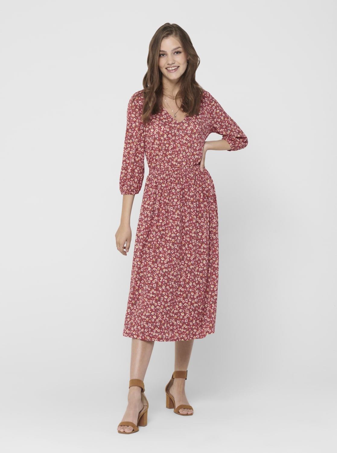 Červené květované midišaty ONLY Pella