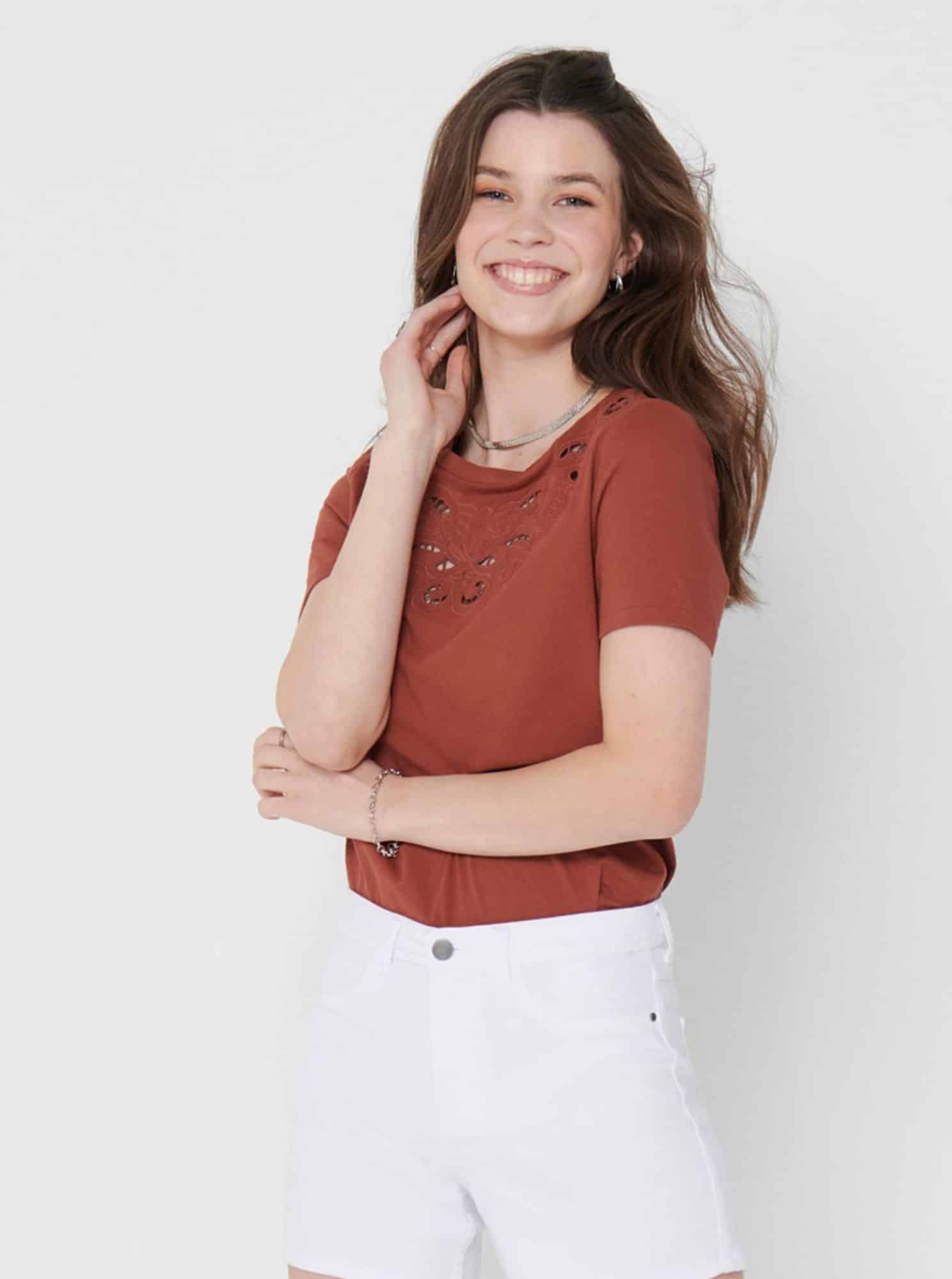 Hnědé tričko s výšivkou ONLY Theresa