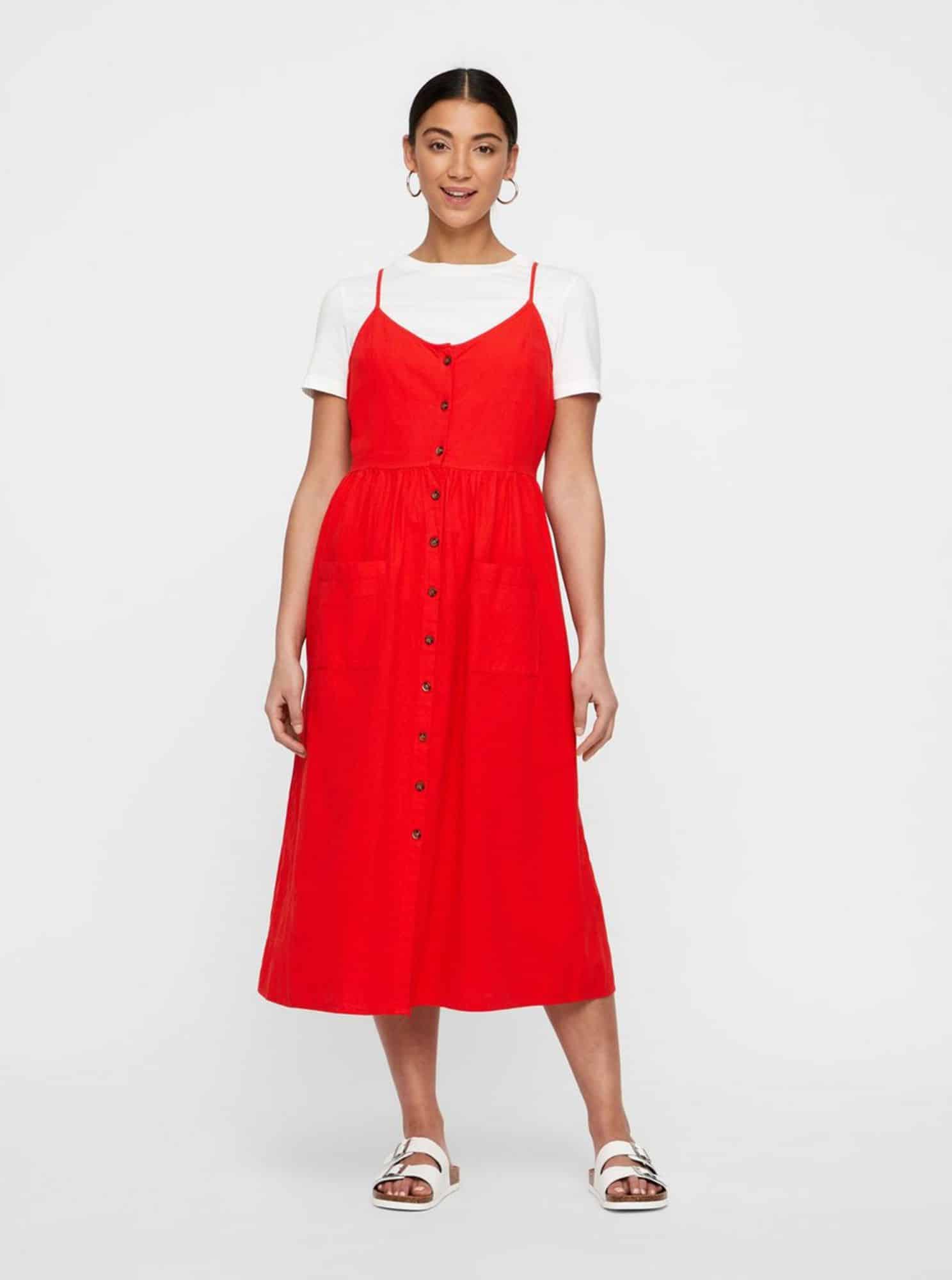 Červené midišaty na ramínka VERO MODA Wanda