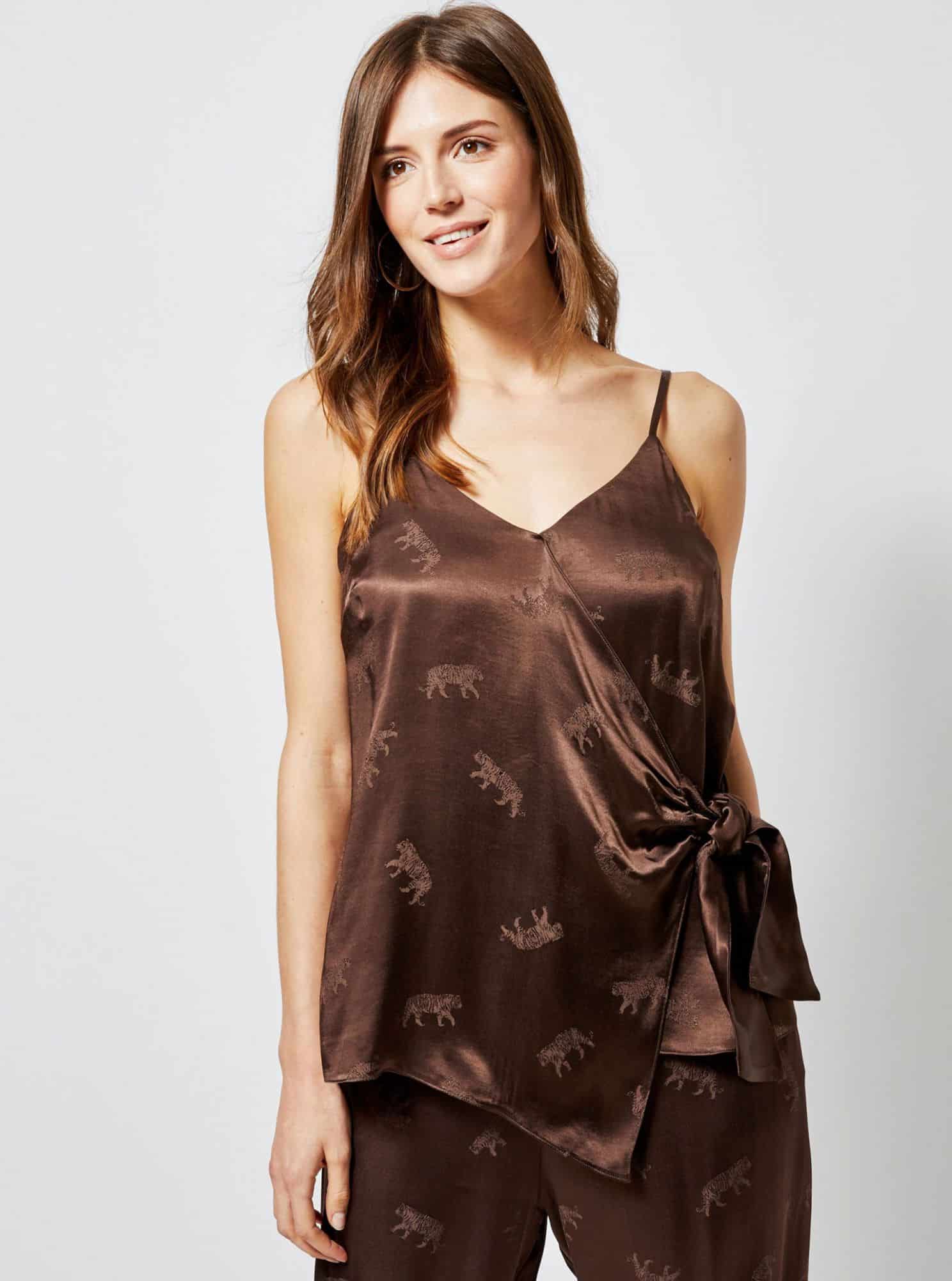 Hnědý vzorovaný top se zavazováním Dorothy Perkins