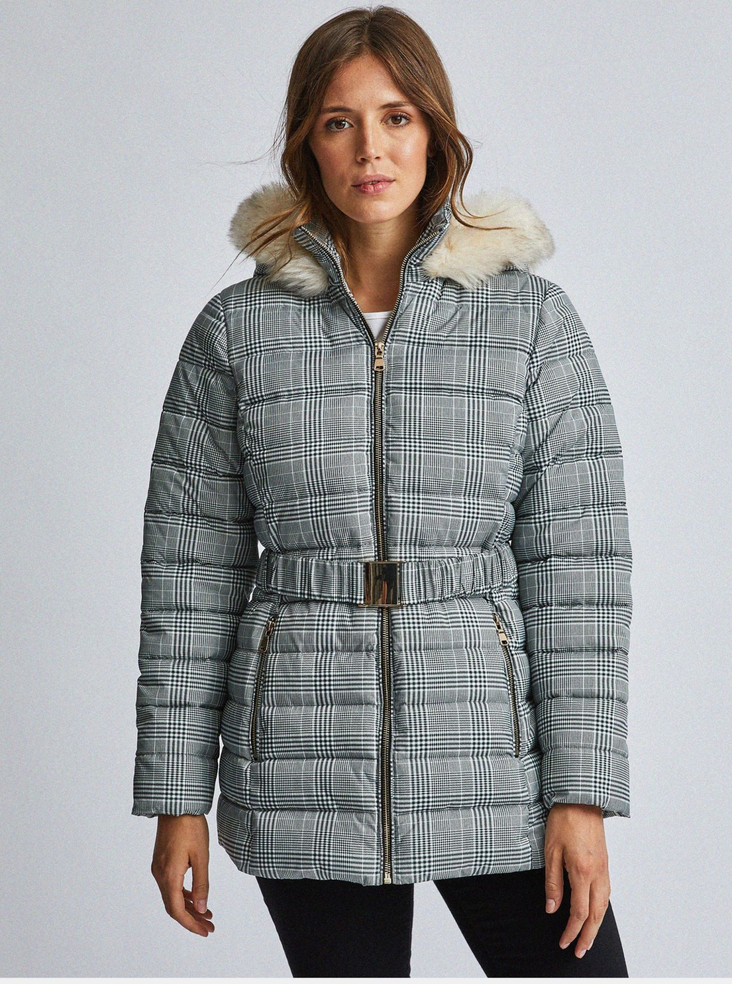 Šedá kostkovaná prošívaná zimní bunda Dorothy Perkins