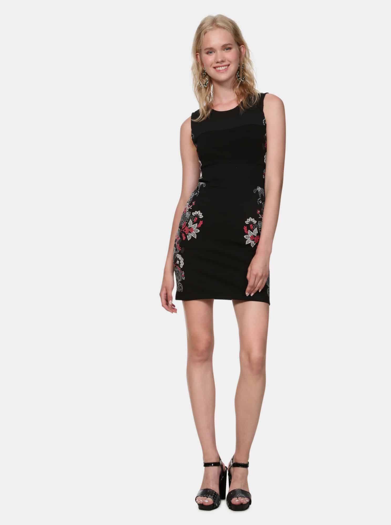 Černé vzorované pouzdrové šaty s madeirou Desigual Misha