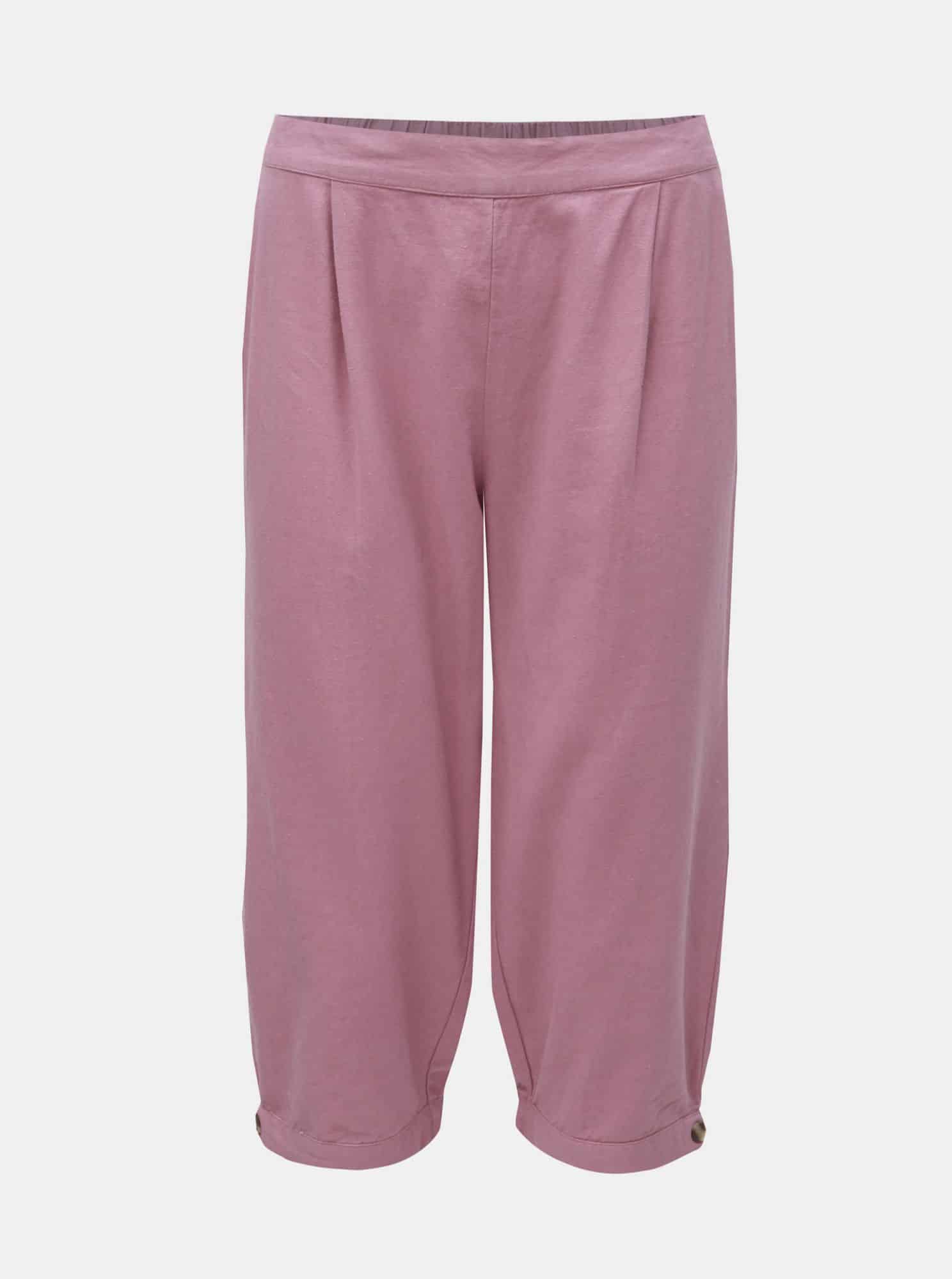 Starorůžové 3/4 lněné kalhoty s vysokým pasem VERO MODA Anna