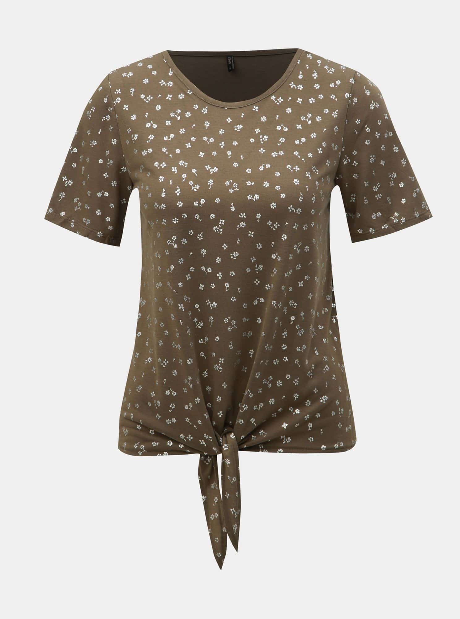 Khaki květované tričko s uzlem ONLY Isabella