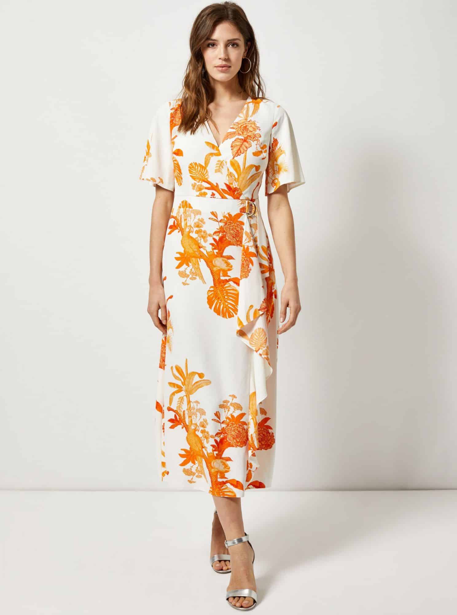 Oranžovo-bílé vzorované maxišaty s volánem Dorothy Perkins