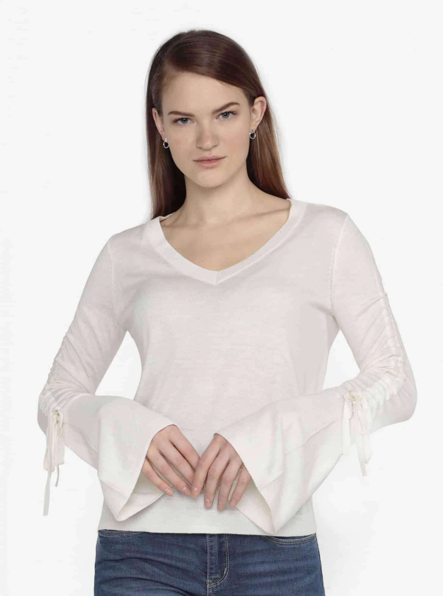 Krémový lehký svetr s řasením na rukávech VERO MODA Adriana