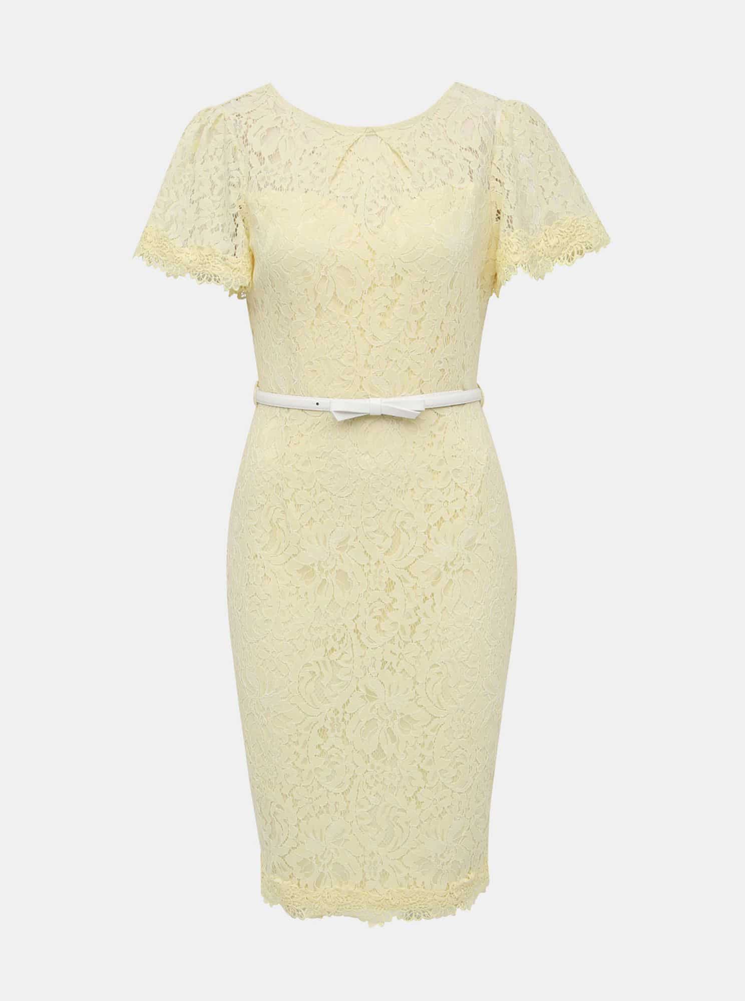 Světle žluté krajkové pouzdrové šaty s páskem Dorothy Perkins