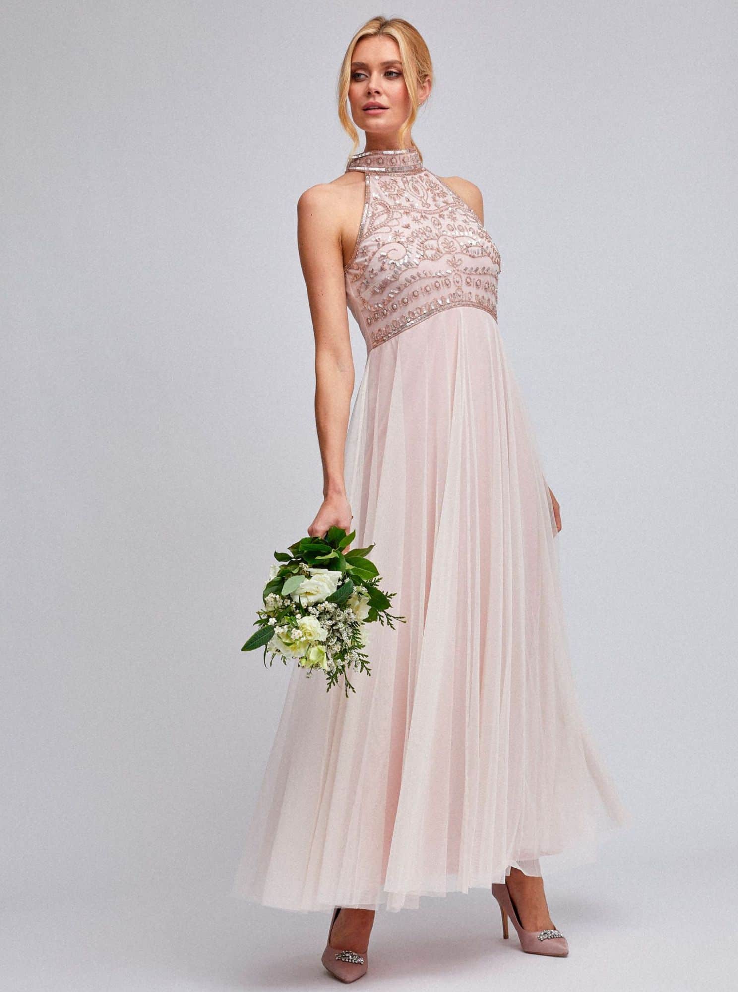 Růžové tylové maxišaty Dorothy Perkins