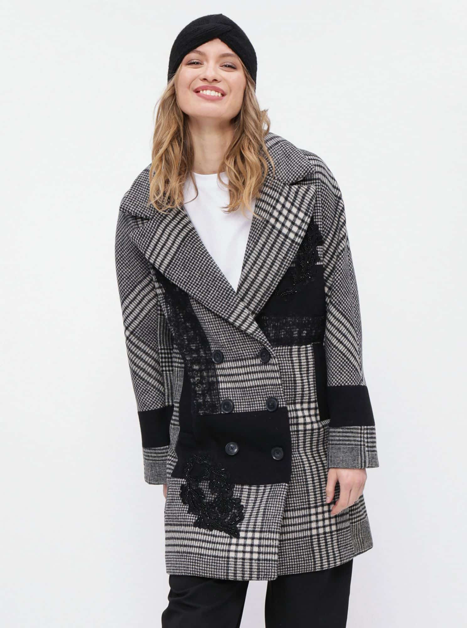 Šedý kostkovaný  kabát Desigual Abrig Detroit