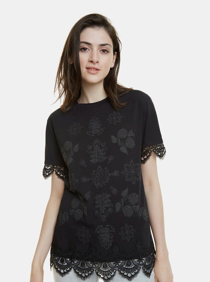 Černé vzorované tričko s krajkou Desigual