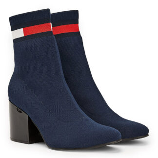 Tommy Hilfiger modré ponožkové boty na podpatku Flag Sock Mid Heel Boot Black