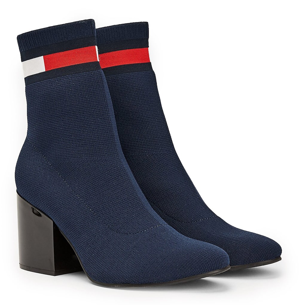 Tommy Hilfiger modré ponožkové boty na podpatku Flag Sock Mid Heel Boot Black