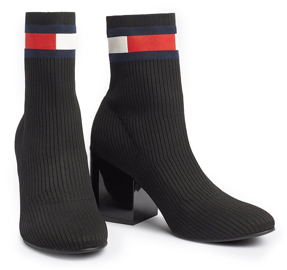 Tommy Hilfiger černé ponožkové boty na podpatku Flag Sock Mid Heel Boot Black