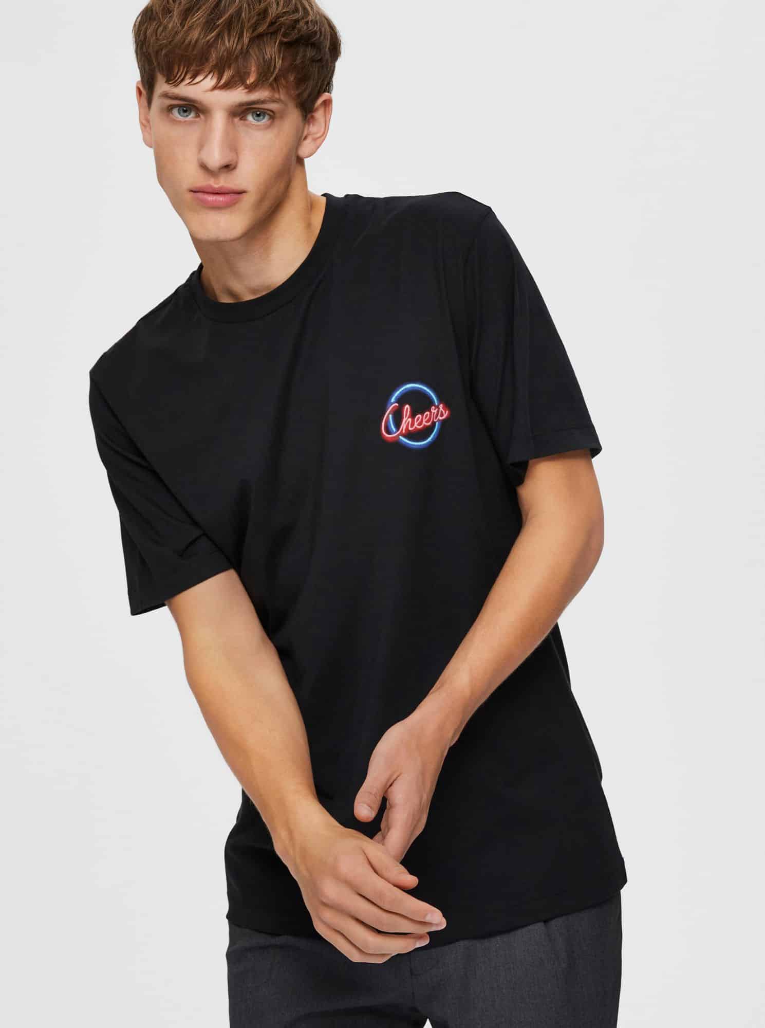 Selected Homme černé pánské tričko s potiskem