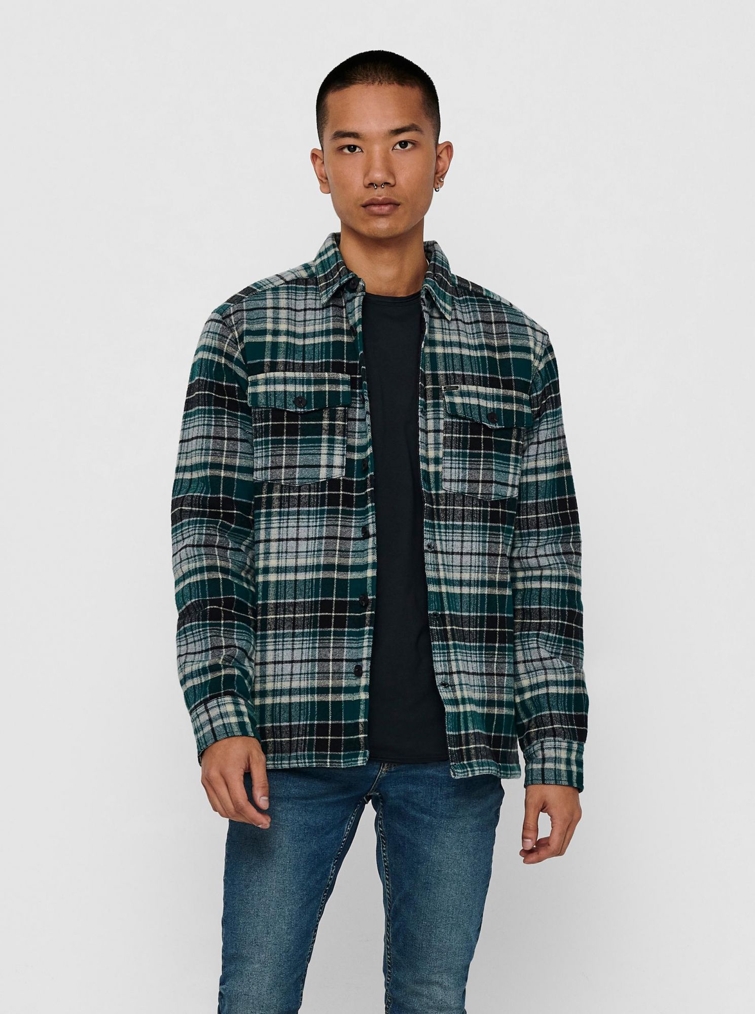 ONLY & SONS černo-zelená kostkovaná košile
