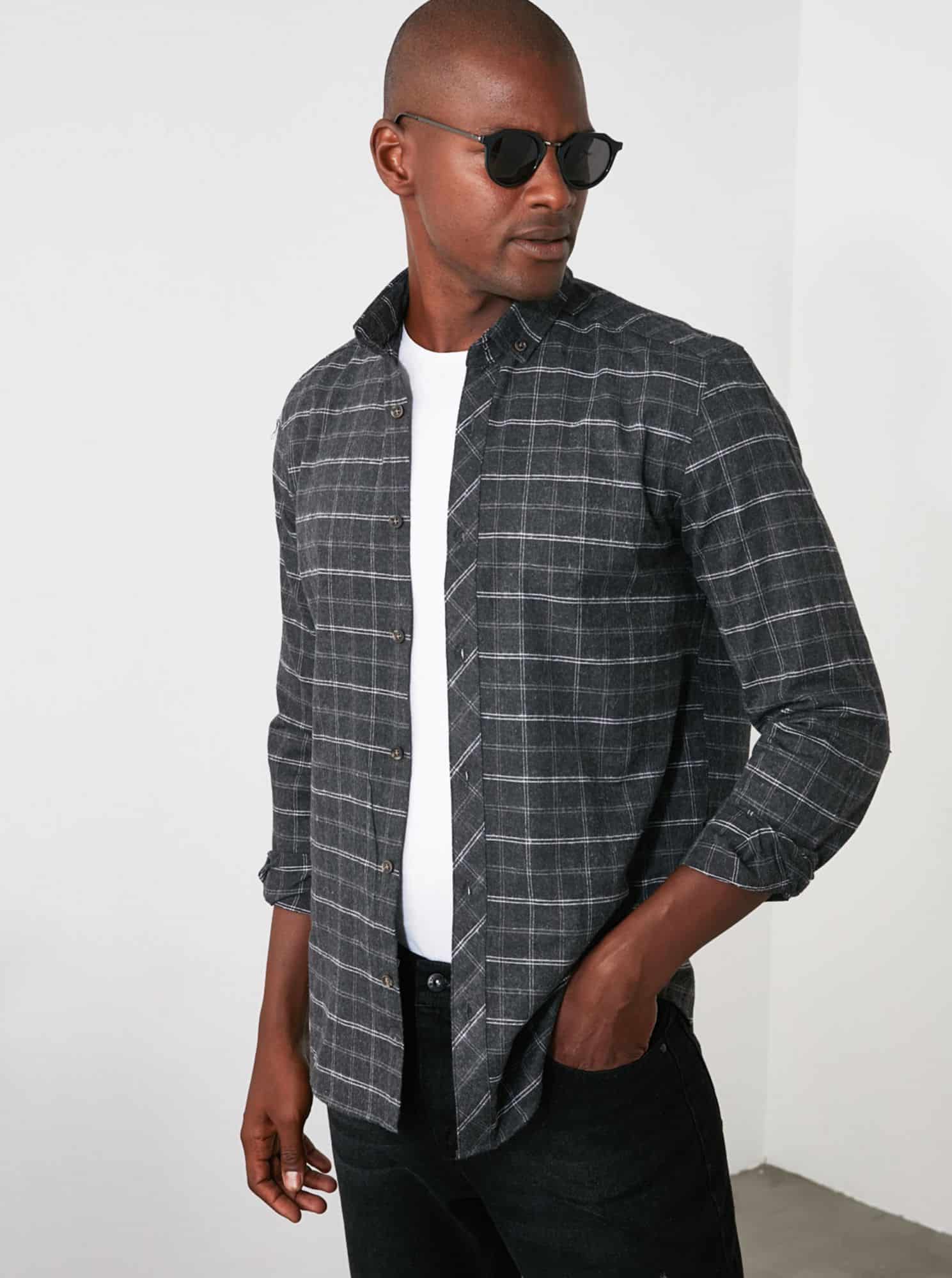 Šedá pánská kostkovaná košile Trendyol