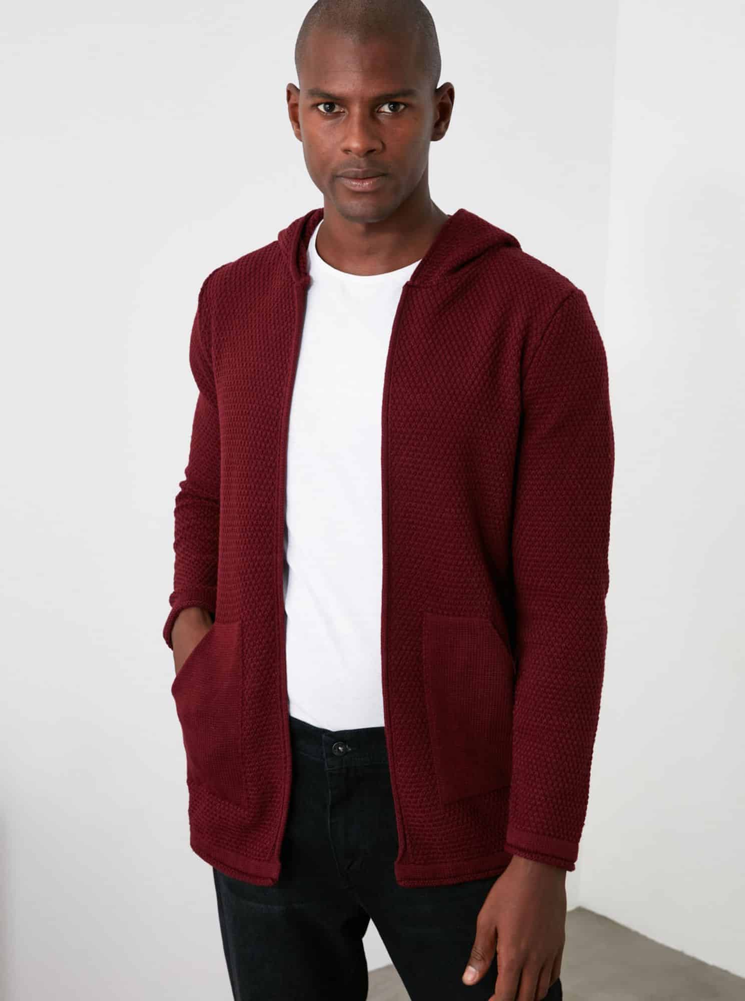 Vínový pánský kardigan s kapucí Trendyol