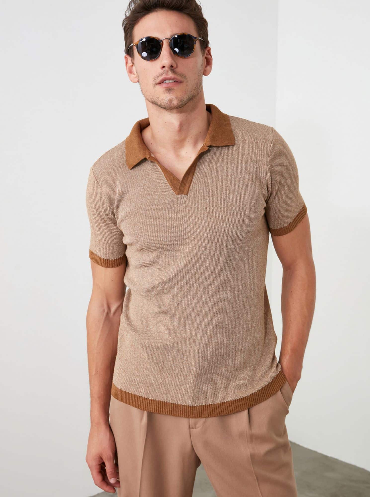 Hnědé pánské polo tričko Trendyol