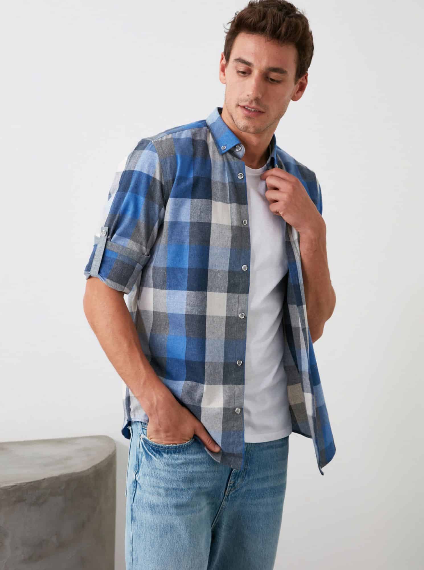 Modrá pánská kostkovaná košile Trendyol