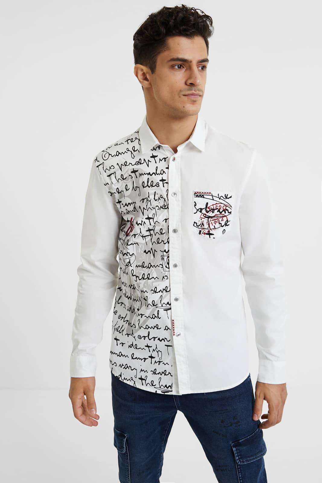 Desigual bílá pánská košile Cam Guido s kapsičkou