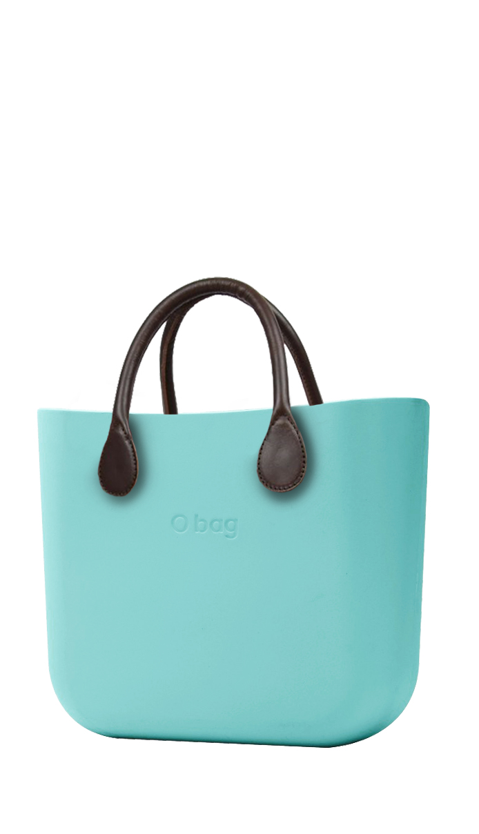 O bag tyrkysová kabelka MINI Tiffany s hnědými krátkými koženkovými držadly