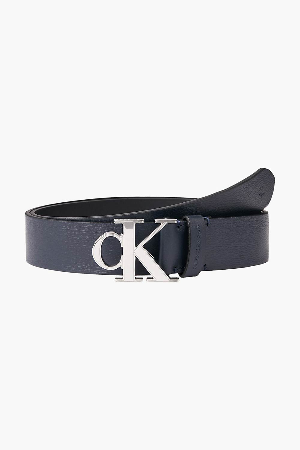Calvin Klein modrý pánský kožený pásek Mono Plaque Belt